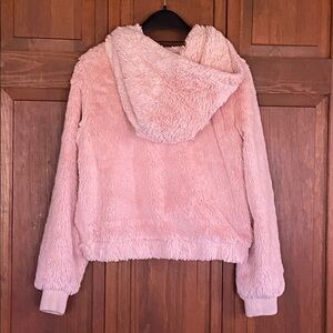 F21 Pink Faux Fur Hooded Jacket w/Black Trim and Satin Lining Medium